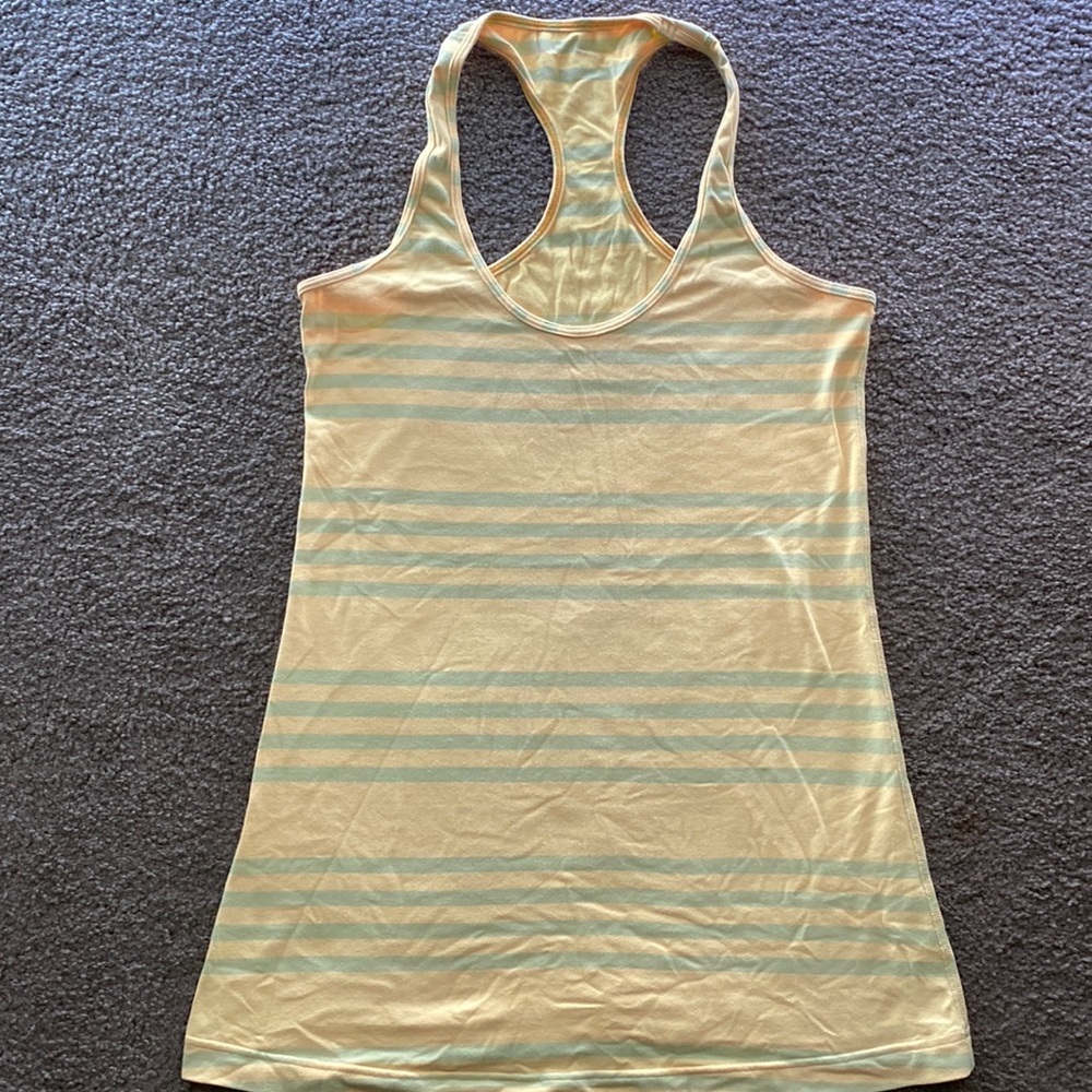 Lululemon cool racer back, yellow with neon mint stripes. EUC, size 8